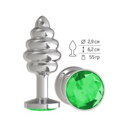 Анальная втулка Silver Spiral Small с зелёным кристаллом