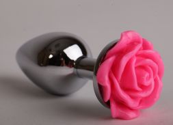 Анальная пробка Silver Medium с розой розовая