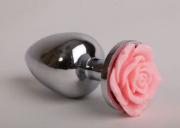 Анальная пробка Silver Medium с розовой розой